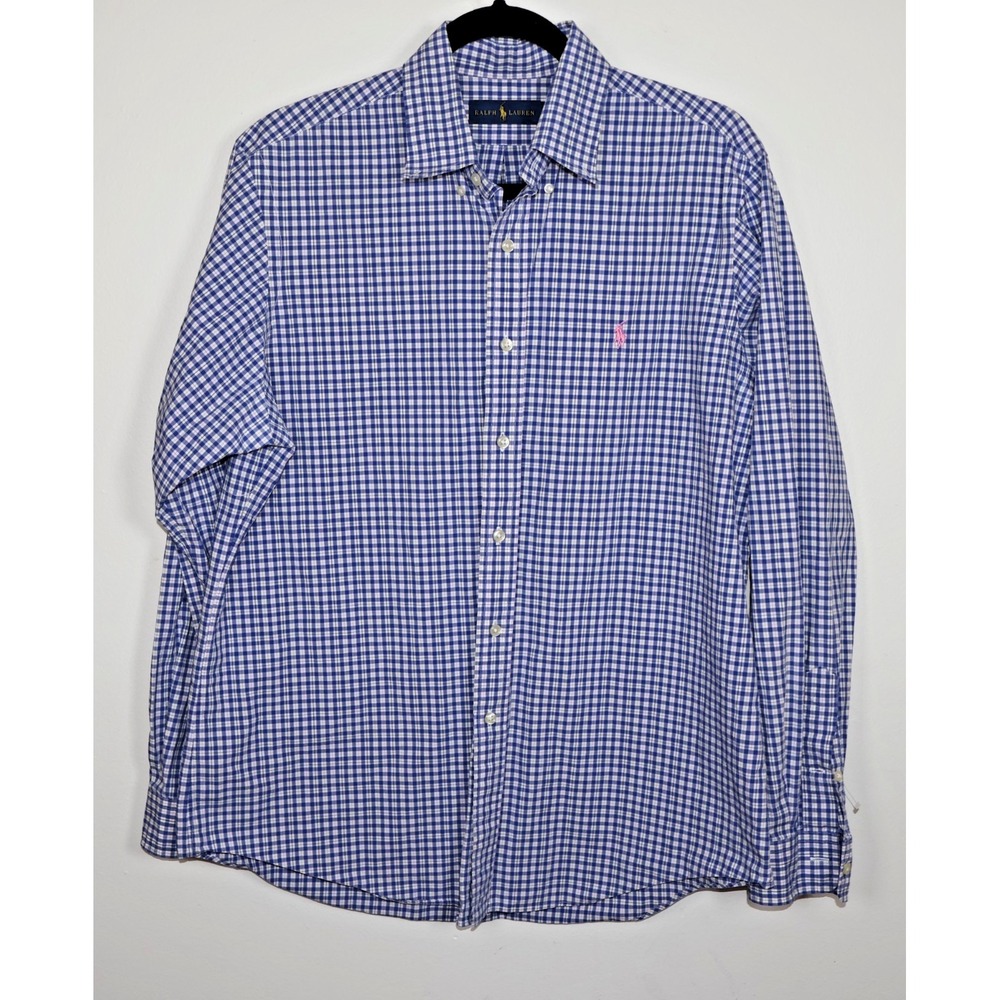 Ralph Lauren Shirt Men Size Large Blue White Plaid Pink Pony Logo Button Up